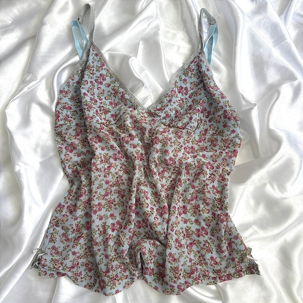 Colours of the World Blue Pink Floral Mesh Camisole V-Neck Bow Accent Top